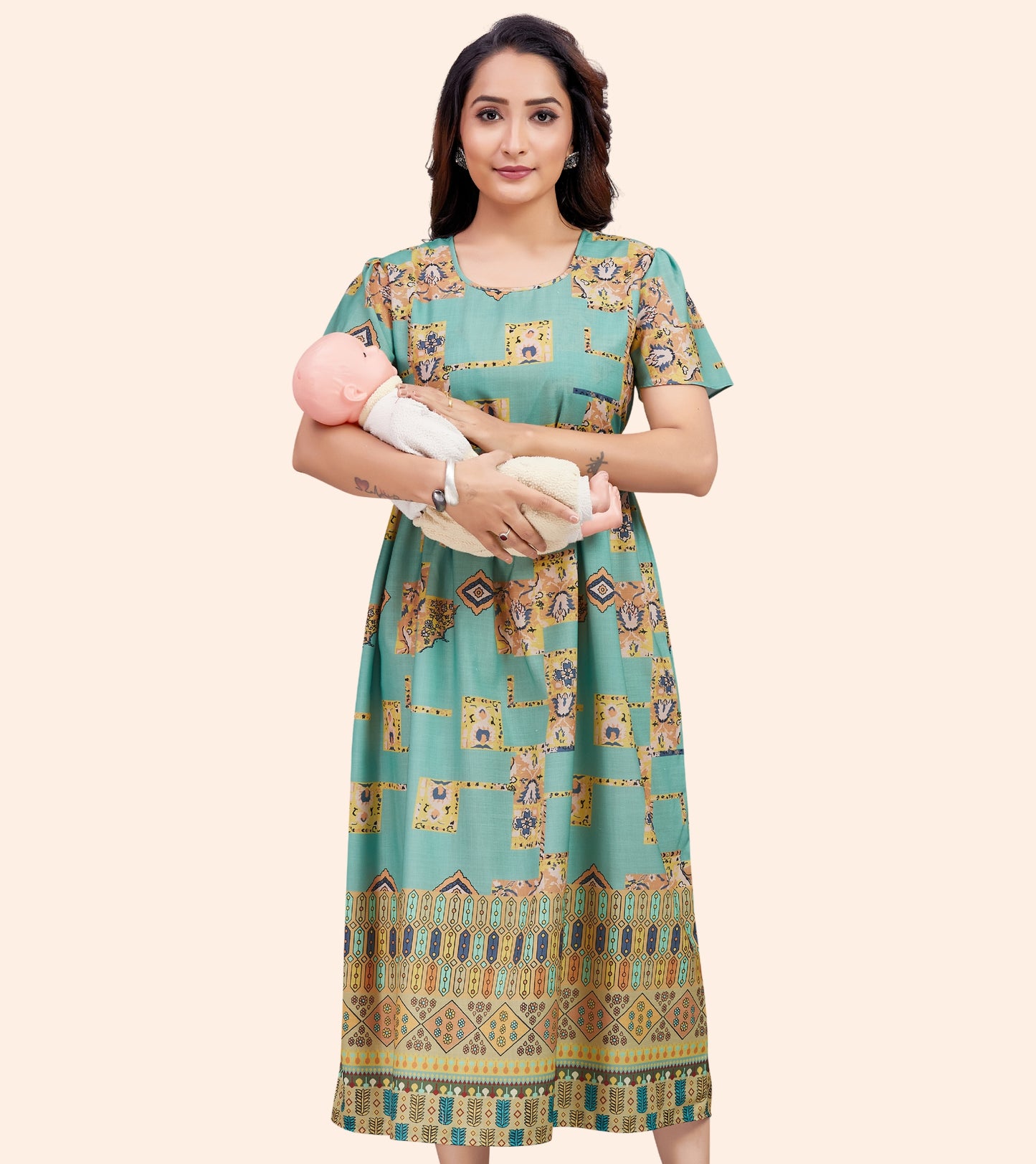 Emerals Green Cotton Printed Flared Zipless Feeding Kurta