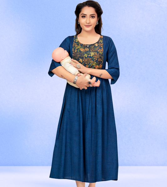 Affectionate Blue Rayon Printed Flared Feeding Kurta