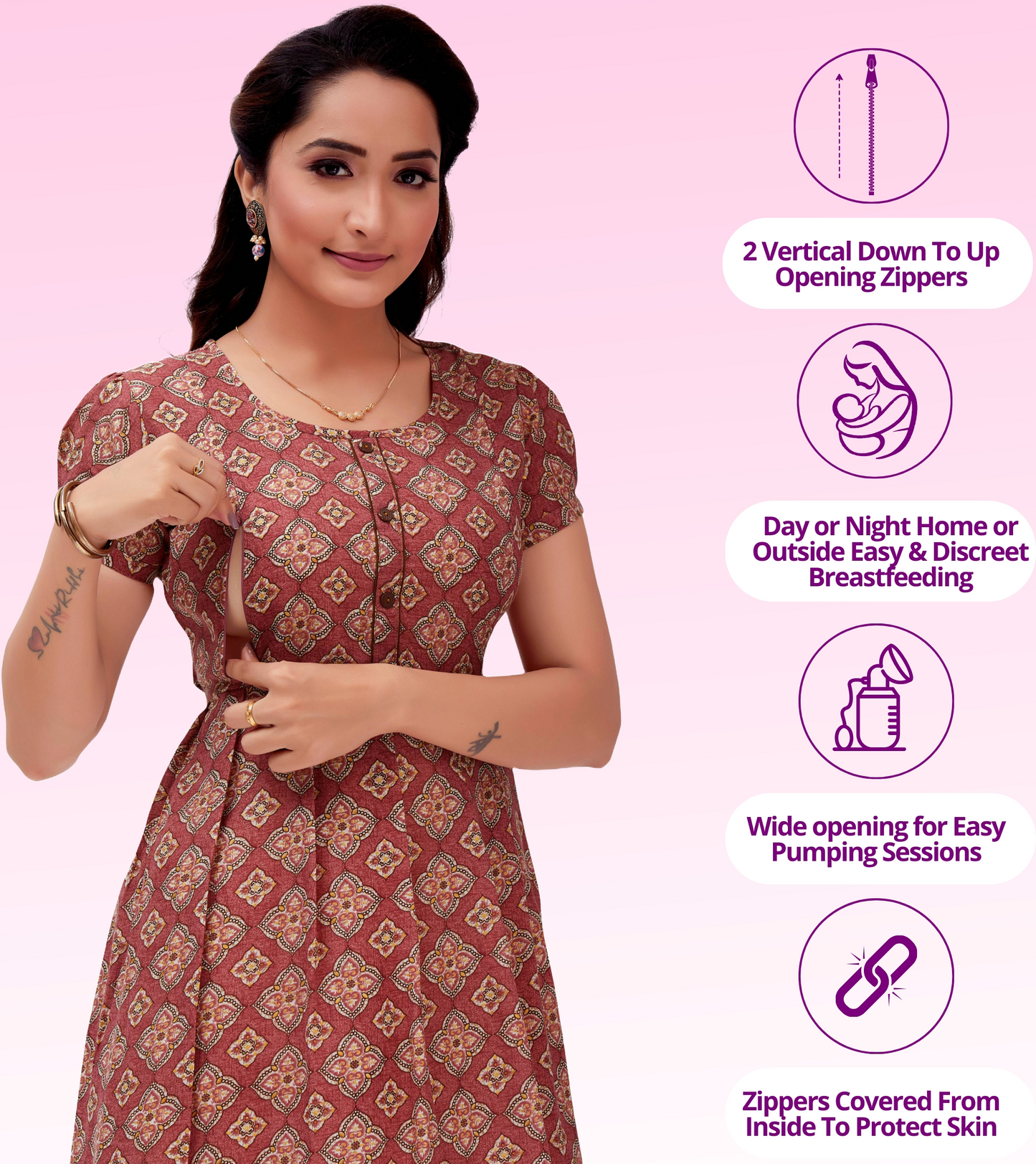 Dazzling Pink Cotton Blend Printed Flared Feeding Kurta