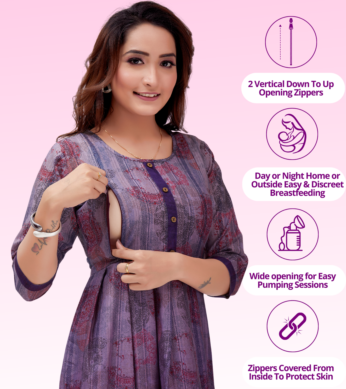 Charming Purple Cotton Printed Flared Feeding Kurta