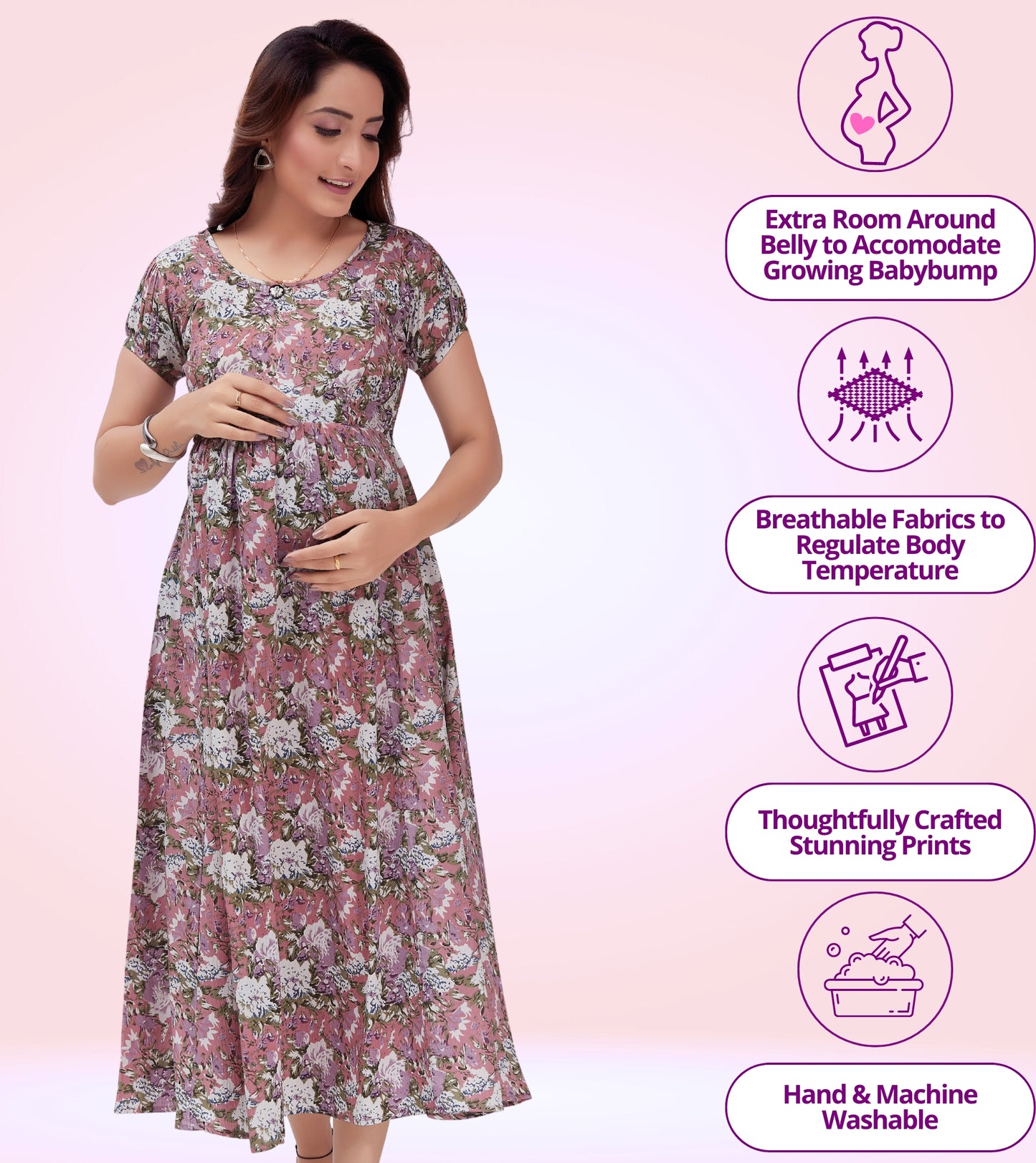 Mesmerizing Pink Poly Wrinkle Printed Flared Feeding Dress