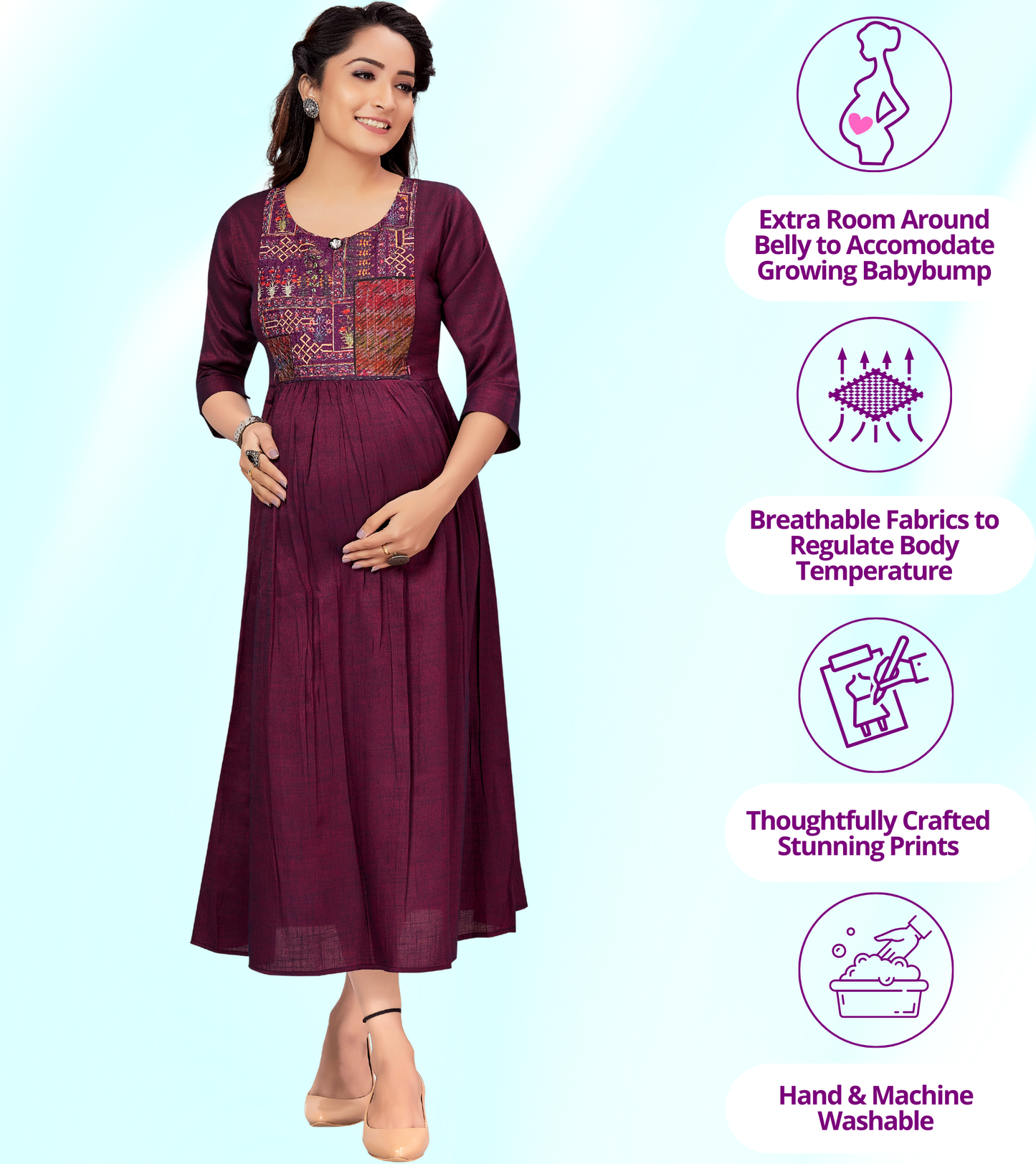 Delightful Purple Rayon Printed Flared Feeding Kurta