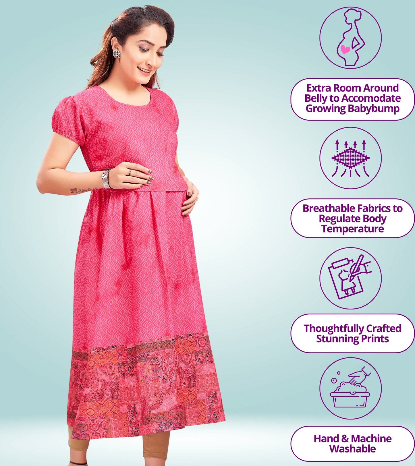 Strawberry Pink Cotton Printed Straight Zipless Feeding Kurta