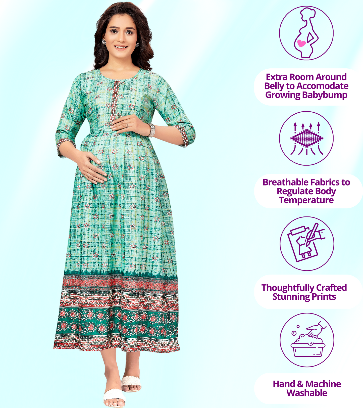 Flowy Green-Cotton-Printed-Flared-Feeding Kurta