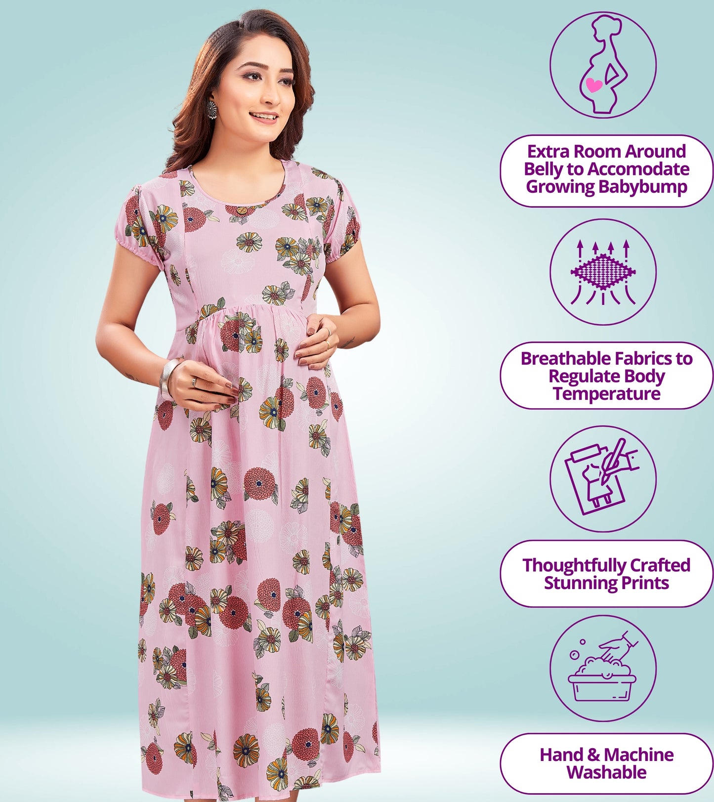 Soothing Pink Poly Wrinkle Printed Flared Feeding Kurta