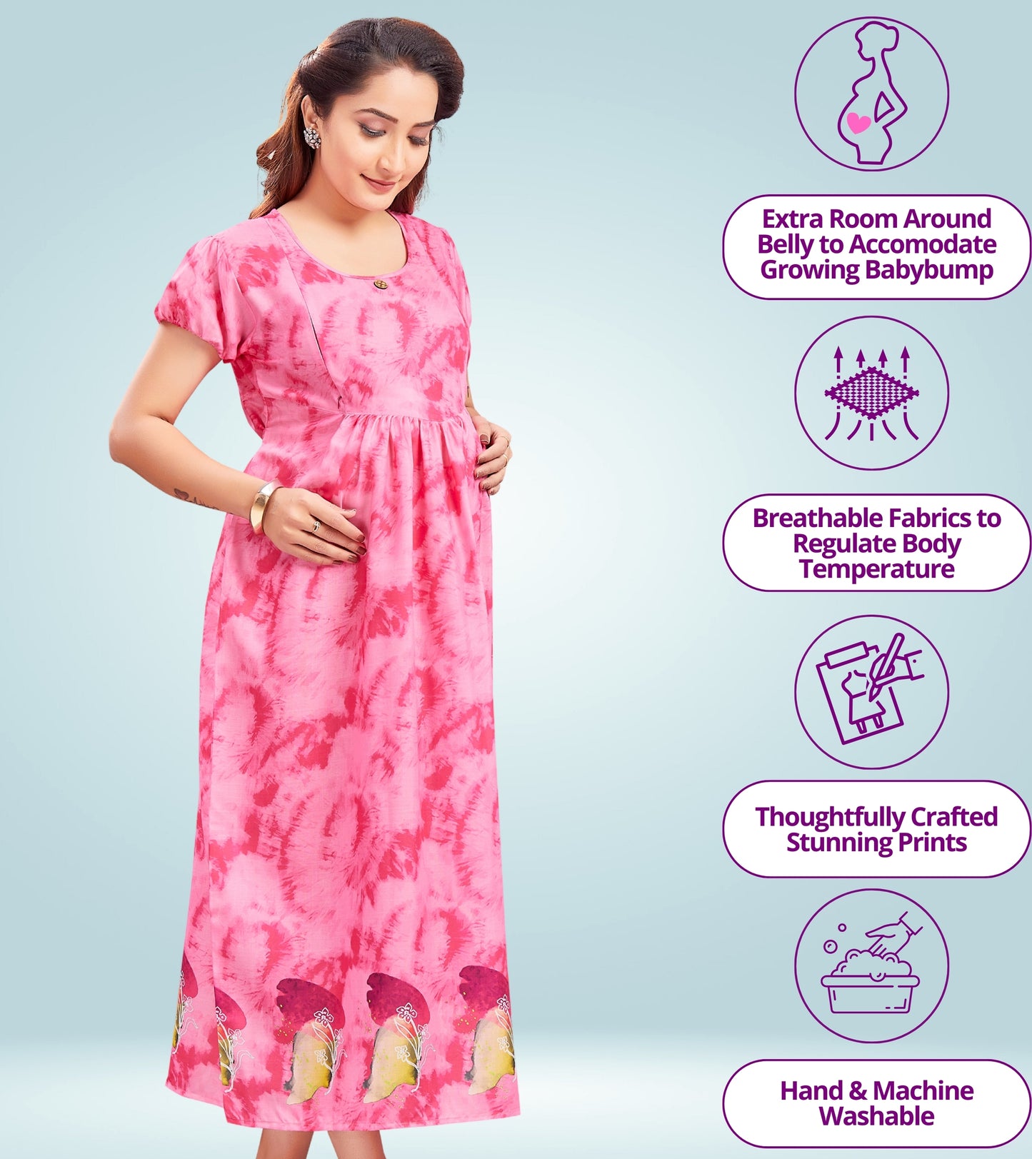 Awesome Pink Cotton Printed Flared Feeding Kurta