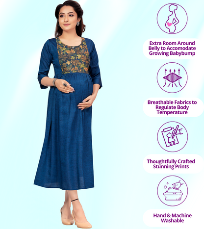 Affectionate Blue Rayon Printed Flared Feeding Kurta