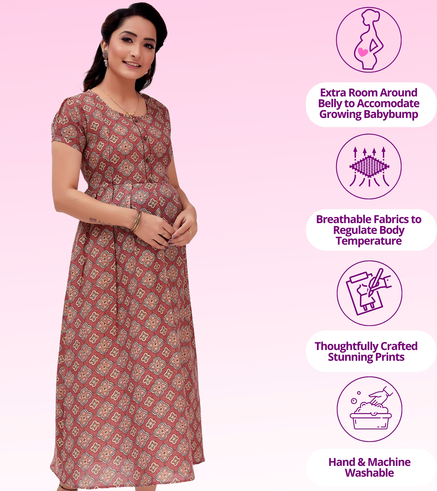 Dazzling Pink Cotton Blend Printed Flared Feeding Kurta