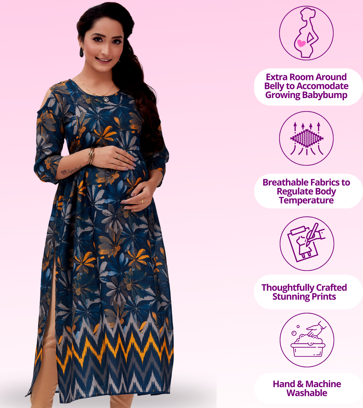 Stunning Blue Cotton Printed Flared Feeding Kurta