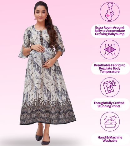 Divine grey Cotton Printed Flared Feeding Kurta