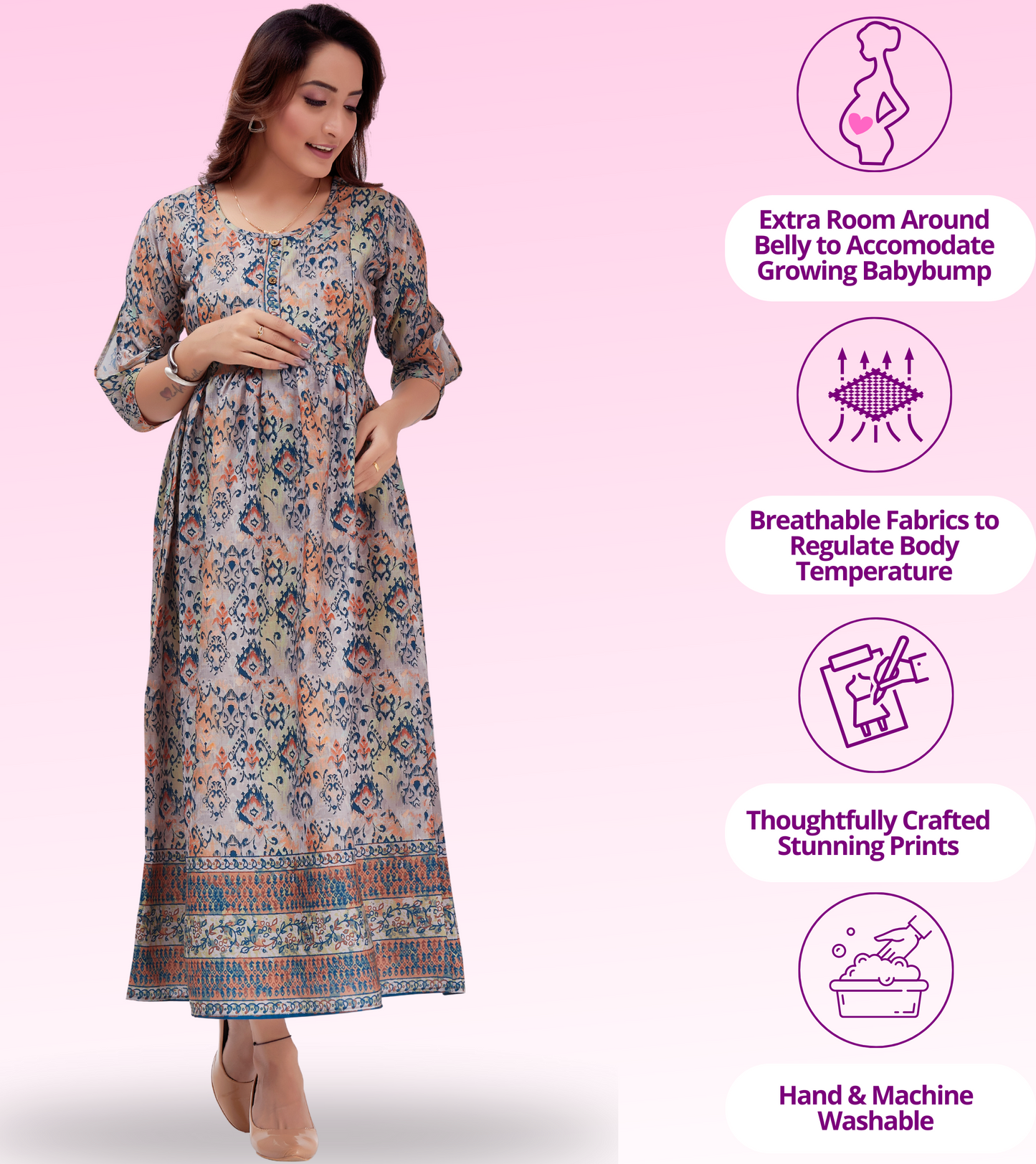 Dusty Wine Cotton Printed Flared Feeding Kurta