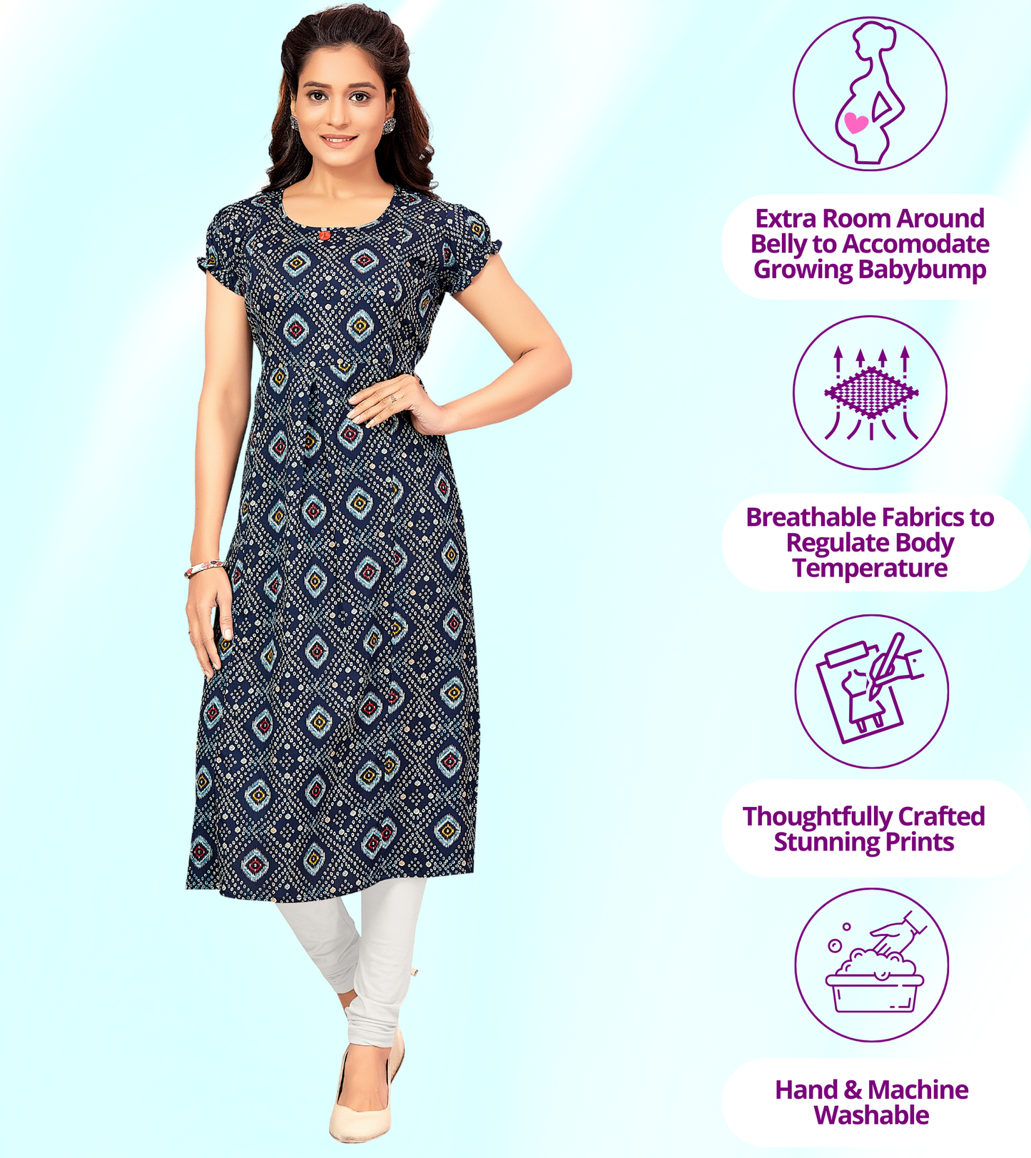 Moody Blue Poly Wrinkle Printed Straight Feeding Kurta