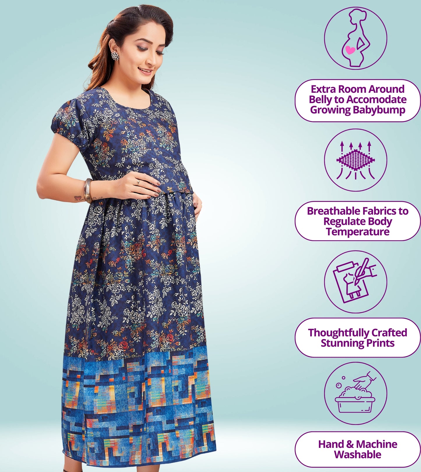 Dreamy Blue Cotton Printed Flared Zipless Feeding Kurta