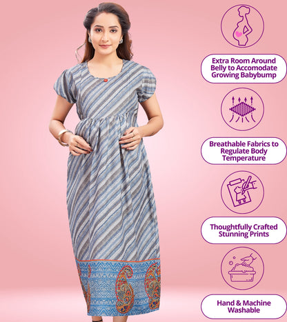 Greyish Blue Cotton Printed Flared Feeding Kurta