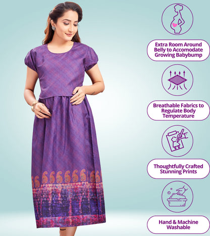 Classy Purple Cotton Printed Flared Zipless Feeding Kurta