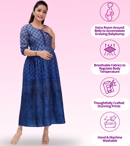 Brilliant Blue Cotton Printed Flared Feeding Kurta