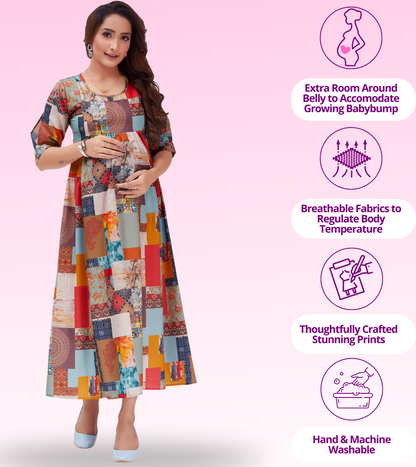 Multi Colour Cotton Printed Flared Feeding Kurta