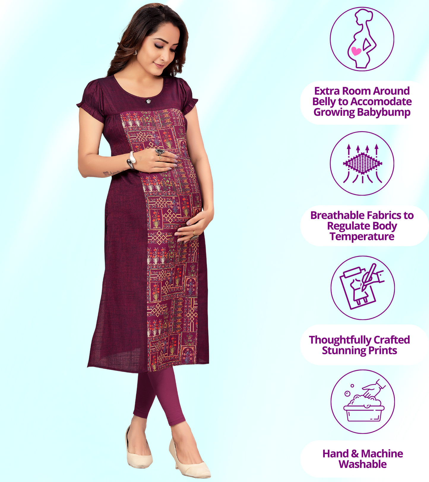 Delightful Purple Rayon Printed Straight Feeding Kurta