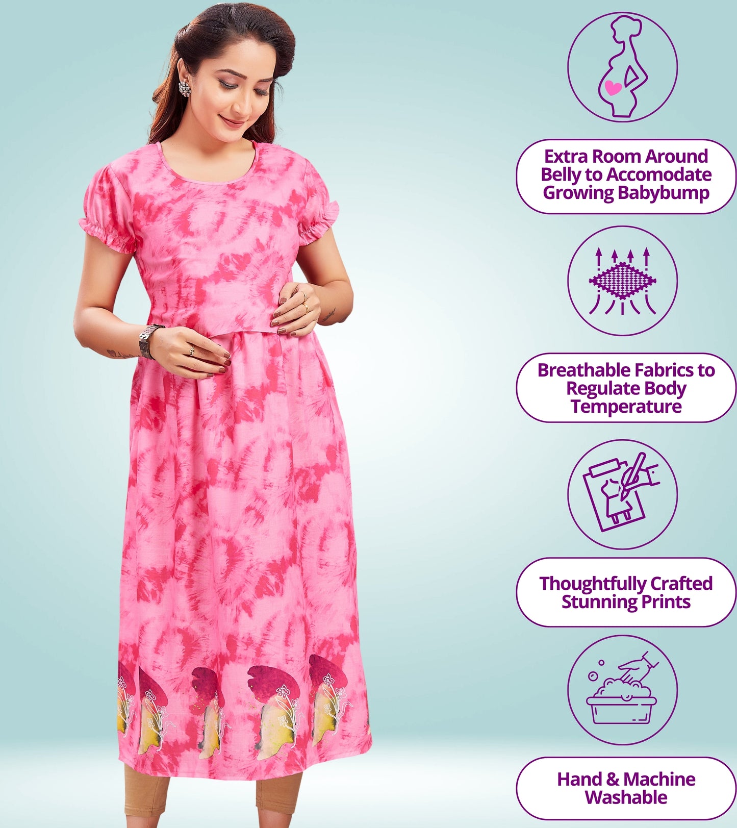 Blushy Pink Cotton Printed Straight Zipless Feeding Kurta