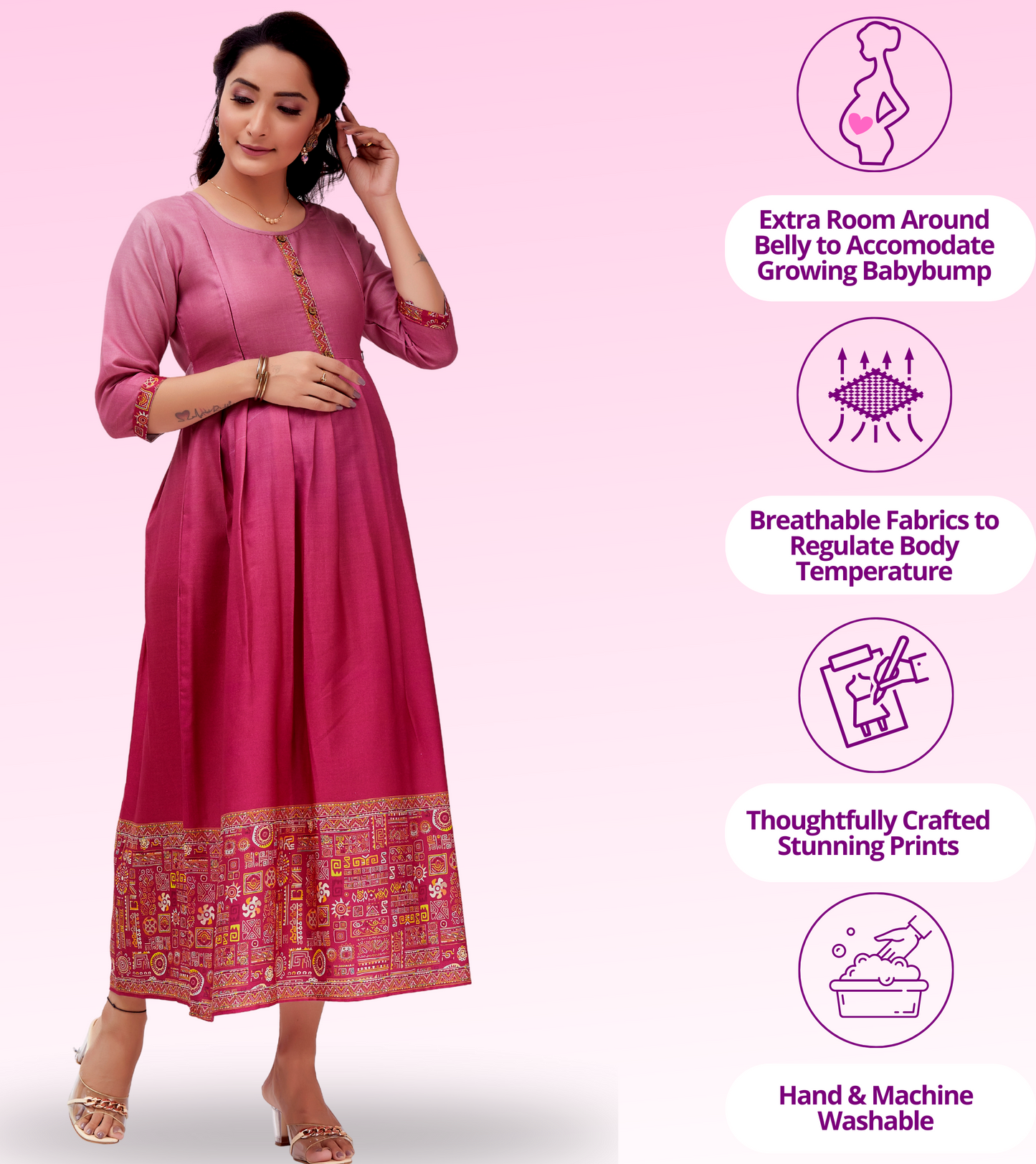 Excellent Pink Cotton Printed Flared Feeding Kurta