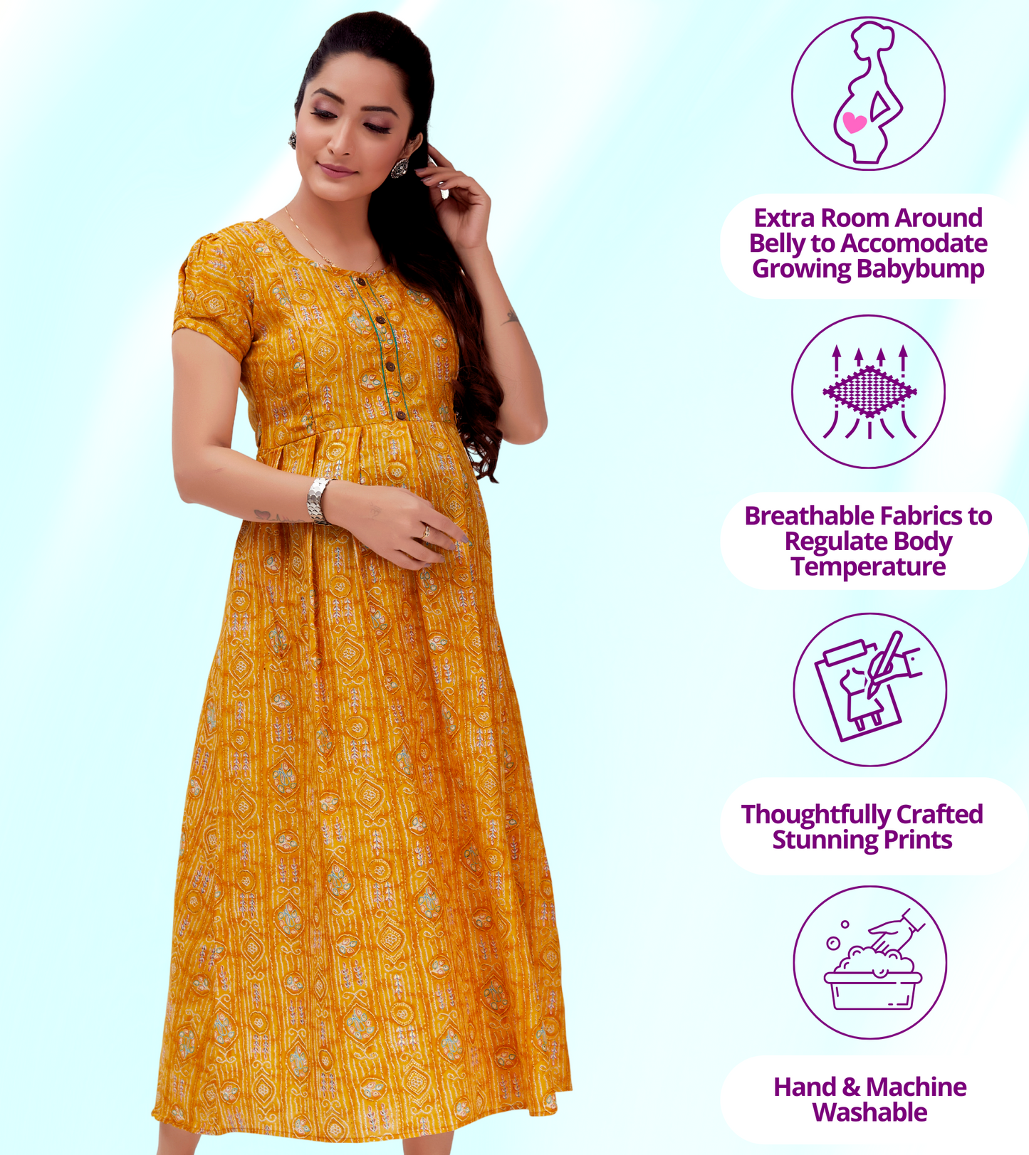 Classic Yellow Cotton Blend Printed Flared Feeding Kurta