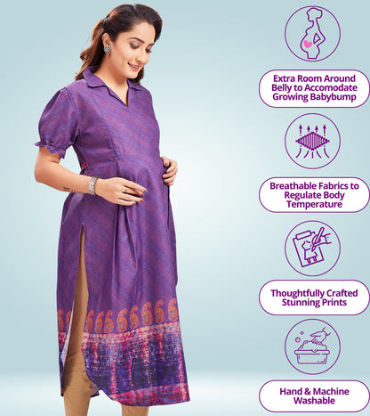 Sweet Purple Cotton Collared Neck Straight Feeding Kurta