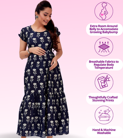 Sensational Blue Cotton Blend Printed Layered Anarkali Feeding Kurta