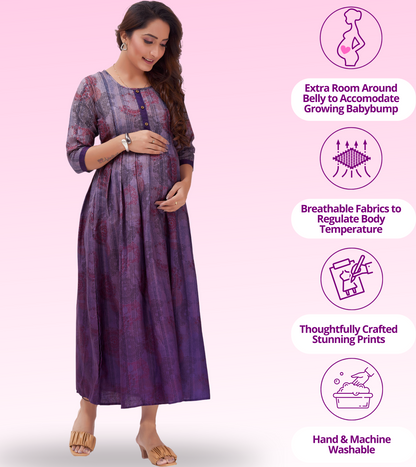 Charming Purple Cotton Printed Flared Feeding Kurta