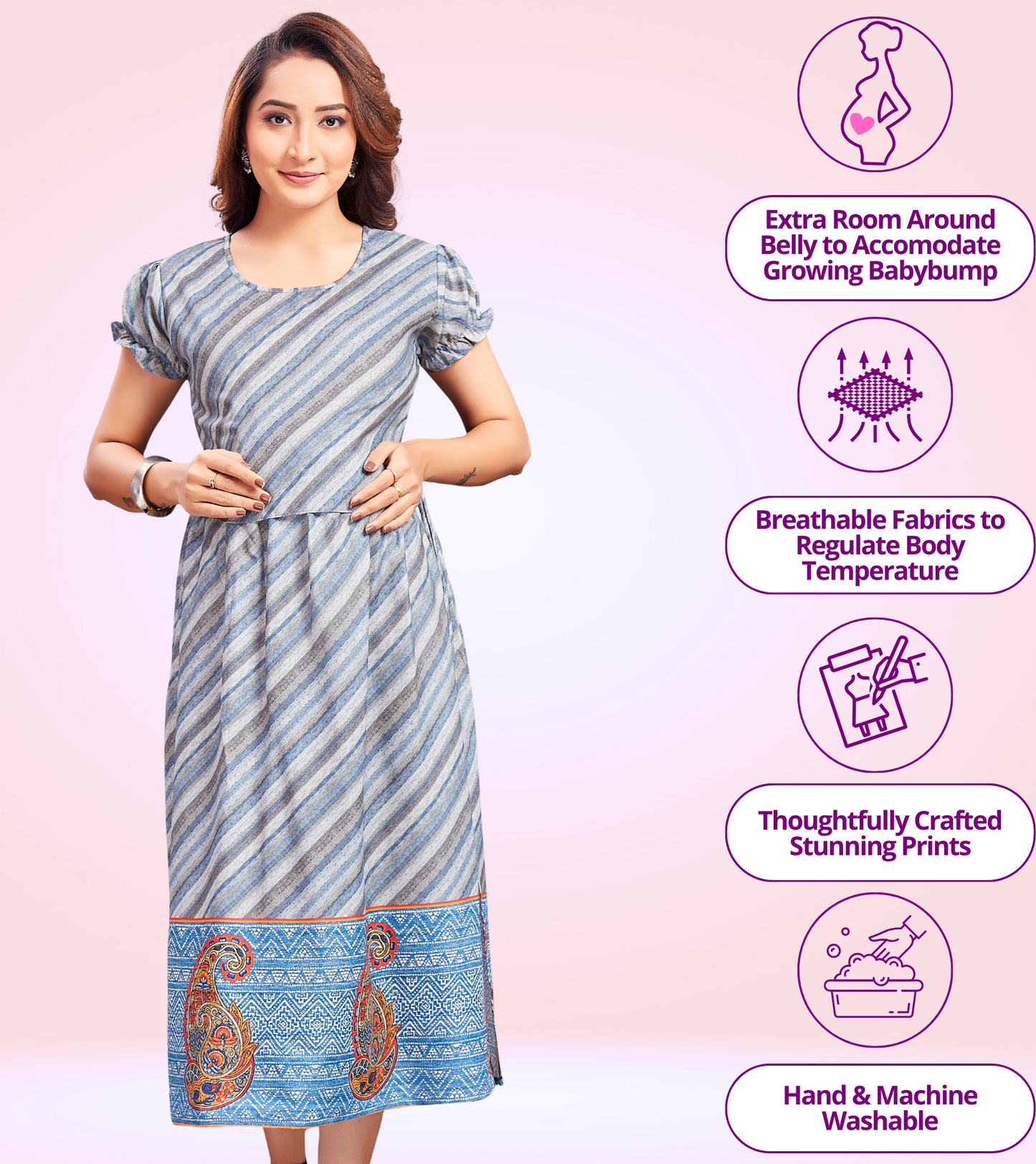 Blissful Blue Cotton Printed Straight Zipless Feeding Kurta