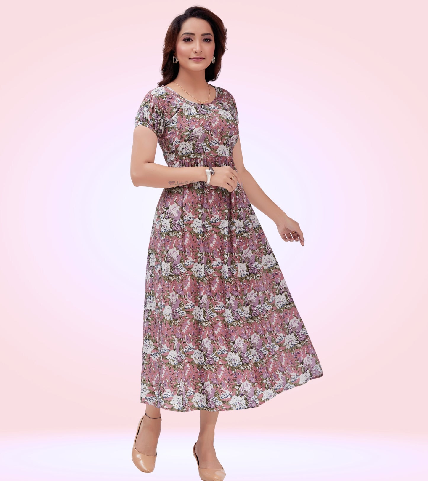 Mesmerizing Pink Poly Wrinkle Printed Flared Feeding Dress