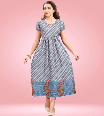 Greyish Blue Cotton Printed Flared Feeding Kurta