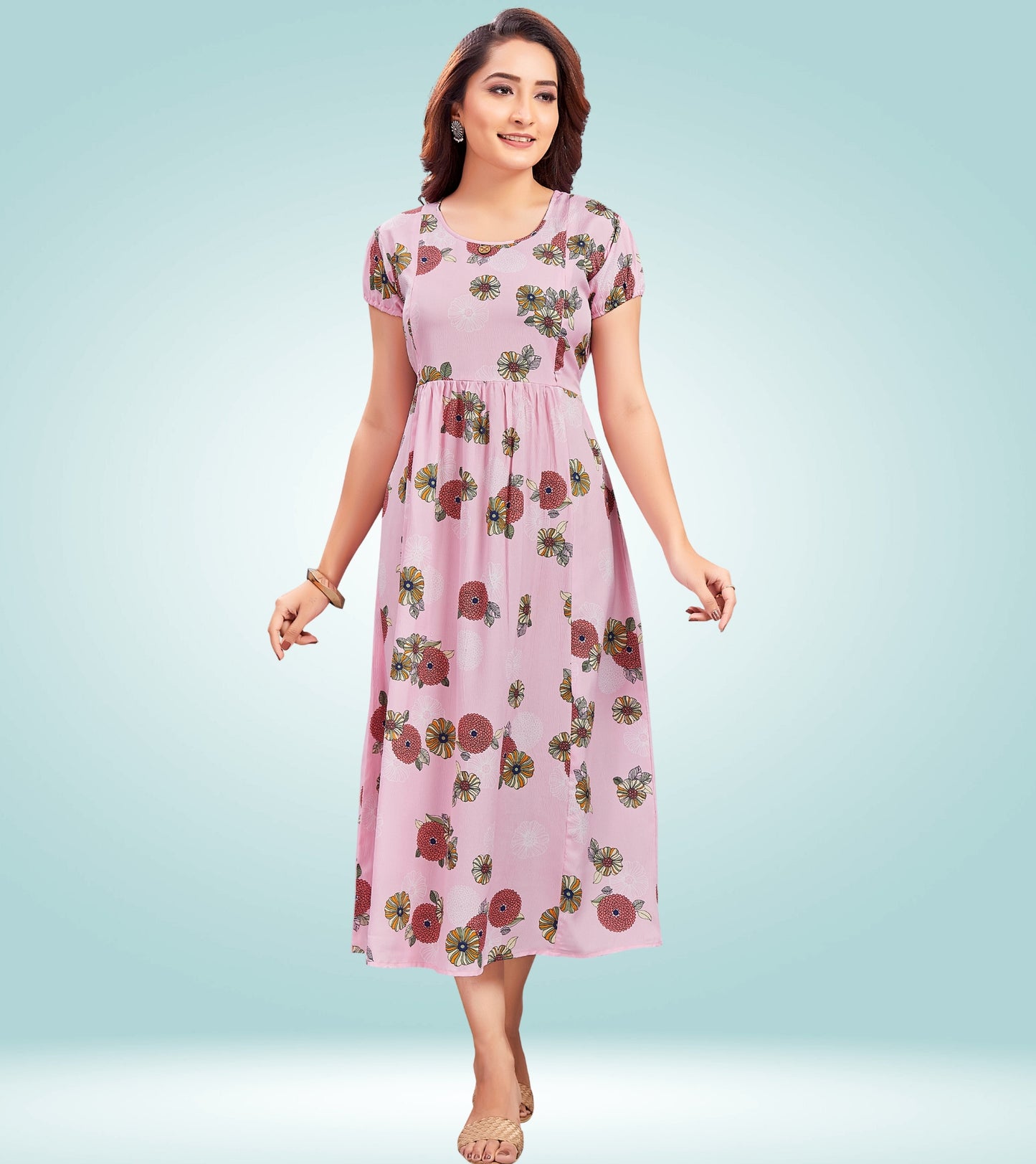 Soothing Pink Poly Wrinkle Printed Flared Feeding Kurta