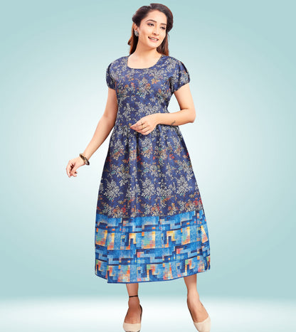 Dreamy Blue Cotton Printed Flared Zipless Feeding Kurta