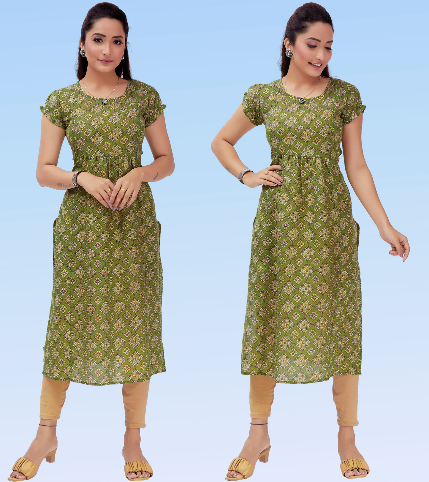 Amusing Green Cotton Blend Printed Straight Feeding Kurta