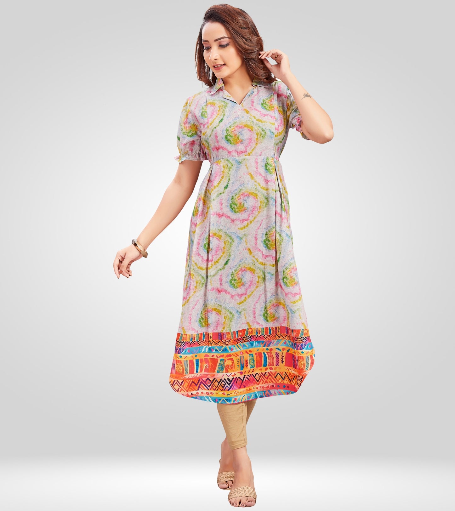 Playful Creame Cotton Collared Neck Straight Feeding Kurta