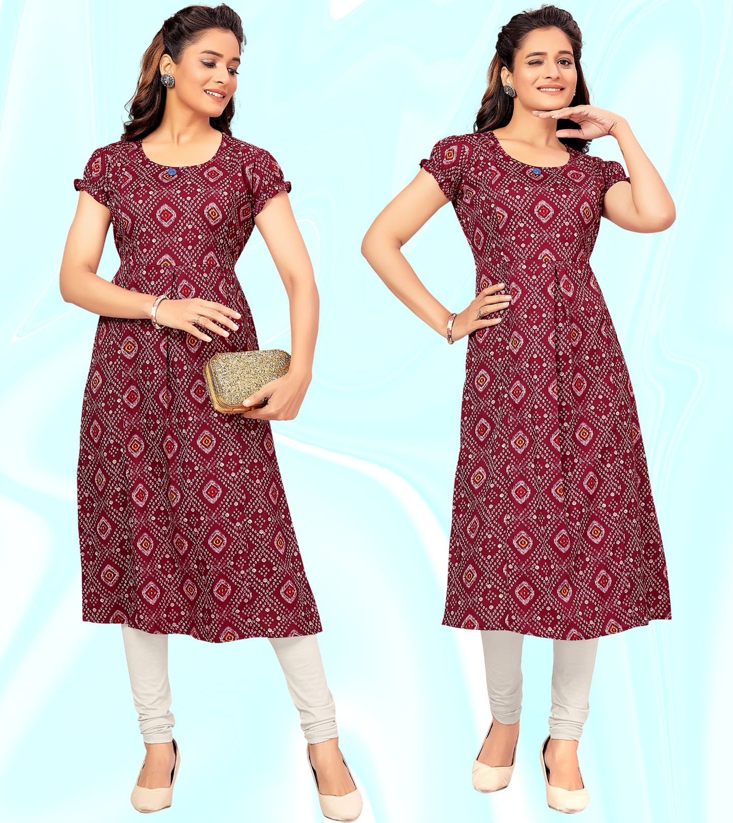 Simply Wine Poly Wrinkle Printed Straight Feeding Kurta