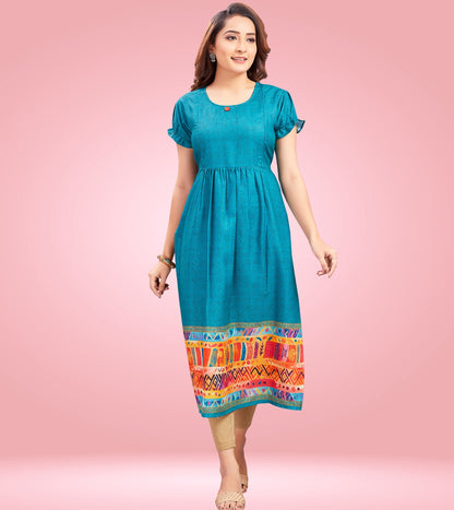 Majestic Blue Cotton Printed Straight Feeding Kurta