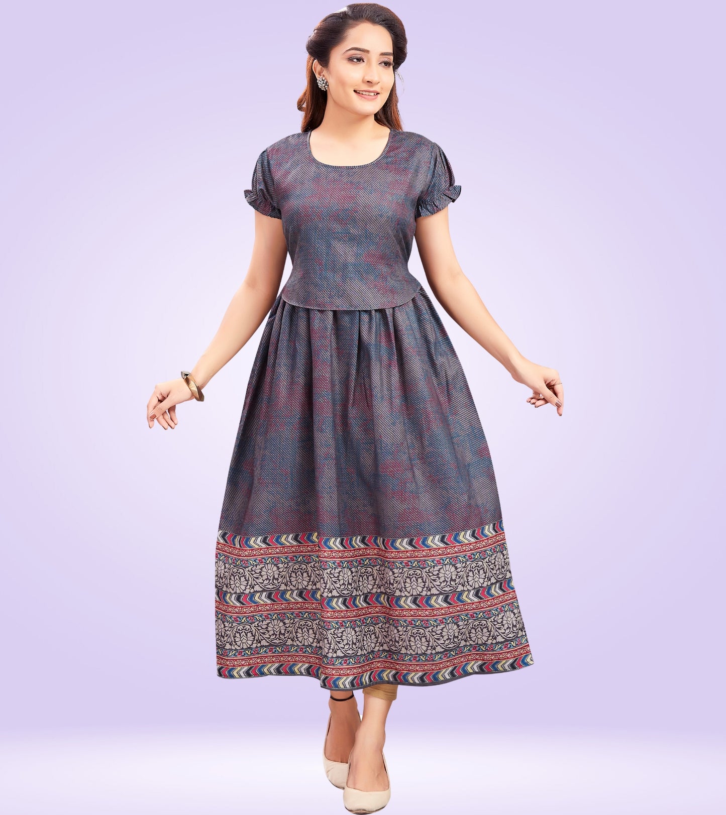 Flowy Grey Cotton Printed Flared Zipless Feeding Kurta