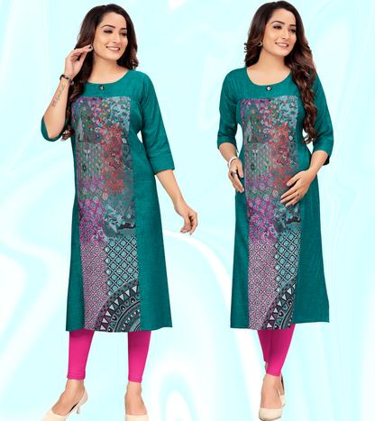 Matchless Green Rayon Printed Straight Feeding Kurta