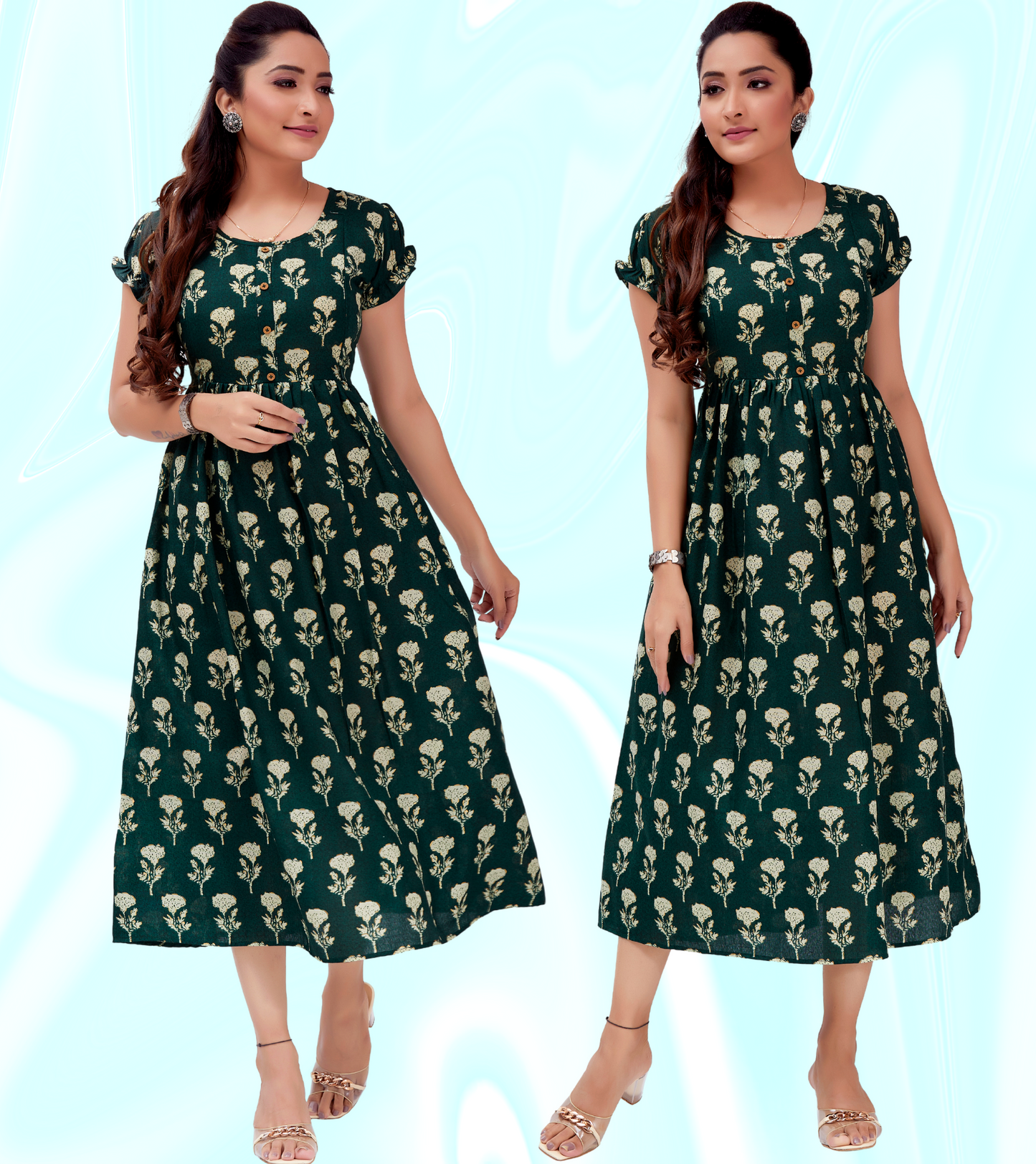 Outstanding Green Cotton Blend Printed Flared Feeding Kurta