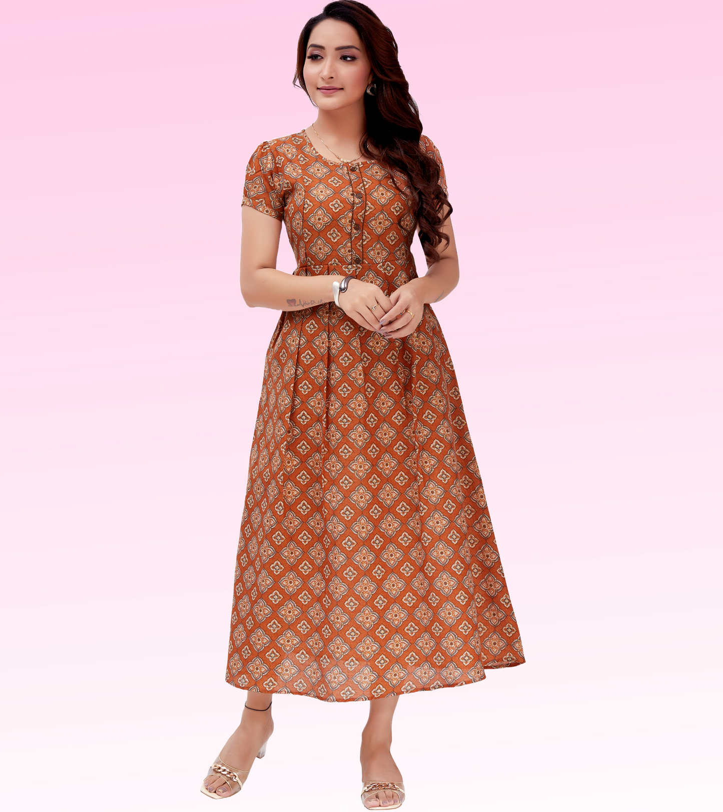 Classy Rust Cotton Blend Printed Flared Feeding Kurta