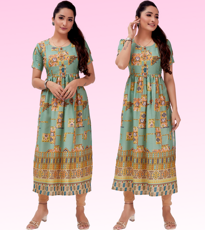 Gorgeous Green Cotton Printed Flared Feeding Kurta