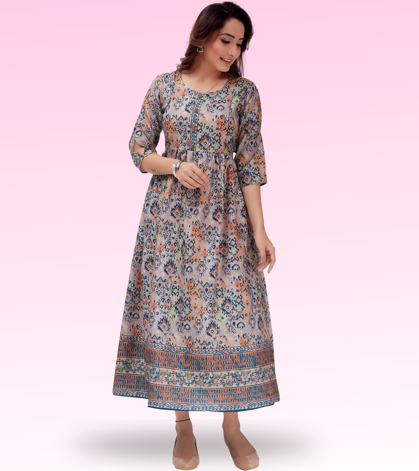 Dusty Wine Cotton Printed Flared Feeding Kurta