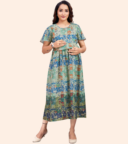 Mild Green Cotton Printed Flared Zipless Feeding Kurta