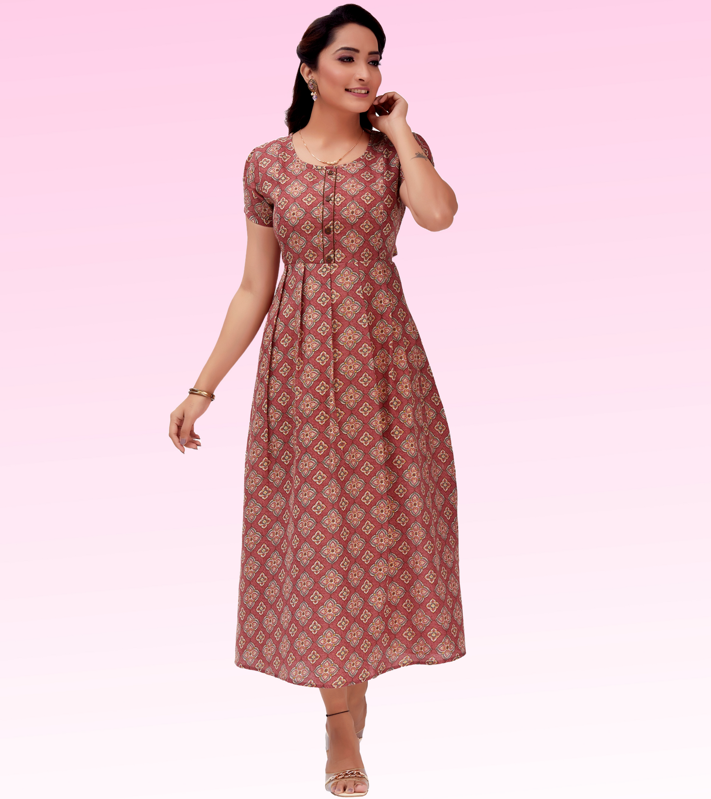 Dazzling Pink Cotton Blend Printed Flared Feeding Kurta