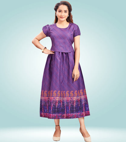 Classy Purple Cotton Printed Flared Zipless Feeding Kurta