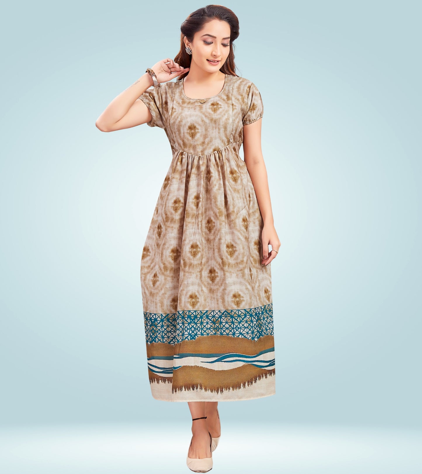 Amusing Beige Cotton Printed Flared Feeding Kurta