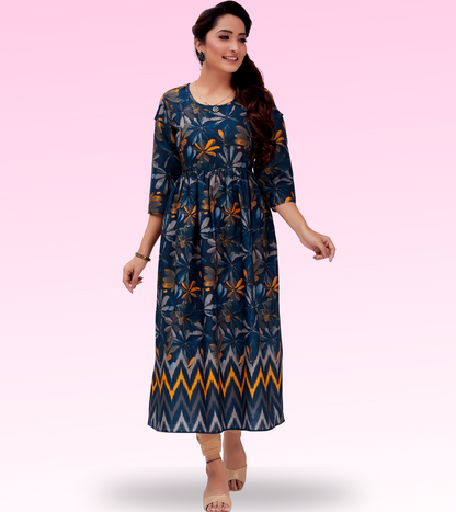 Stunning Blue Cotton Printed Flared Feeding Kurta