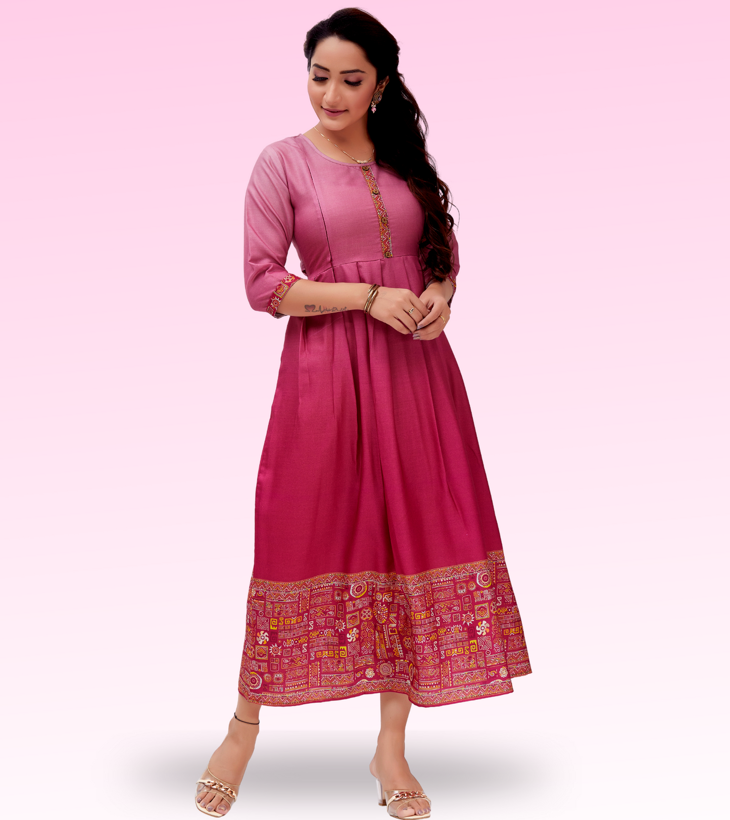 Excellent Pink Cotton Printed Flared Feeding Kurta