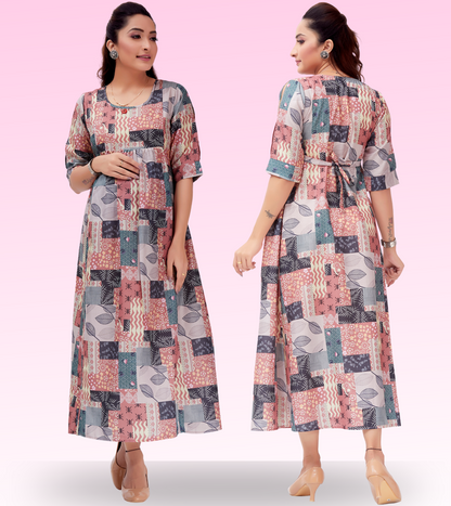 Polished Rust Cotton Printed Flared Feeding Kurta